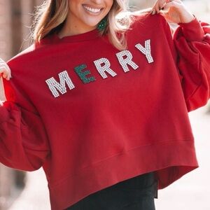 Judith March MERRY Rhinestone Sweatshirt Large Red Green Holiday Festive Fun
